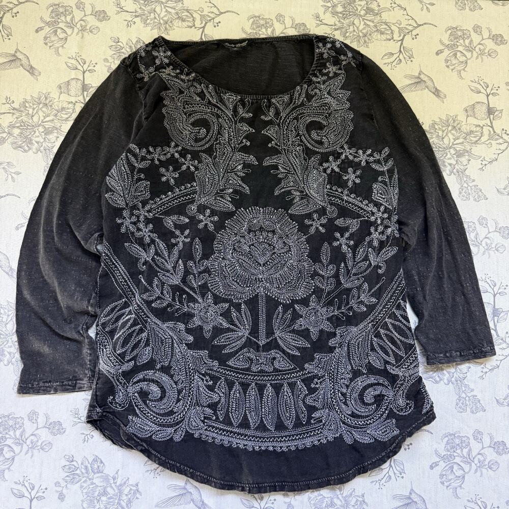 Lucky Brand Gray Embroidered Floral Top Blouse 3/4 Sleeve Women's Small Boho